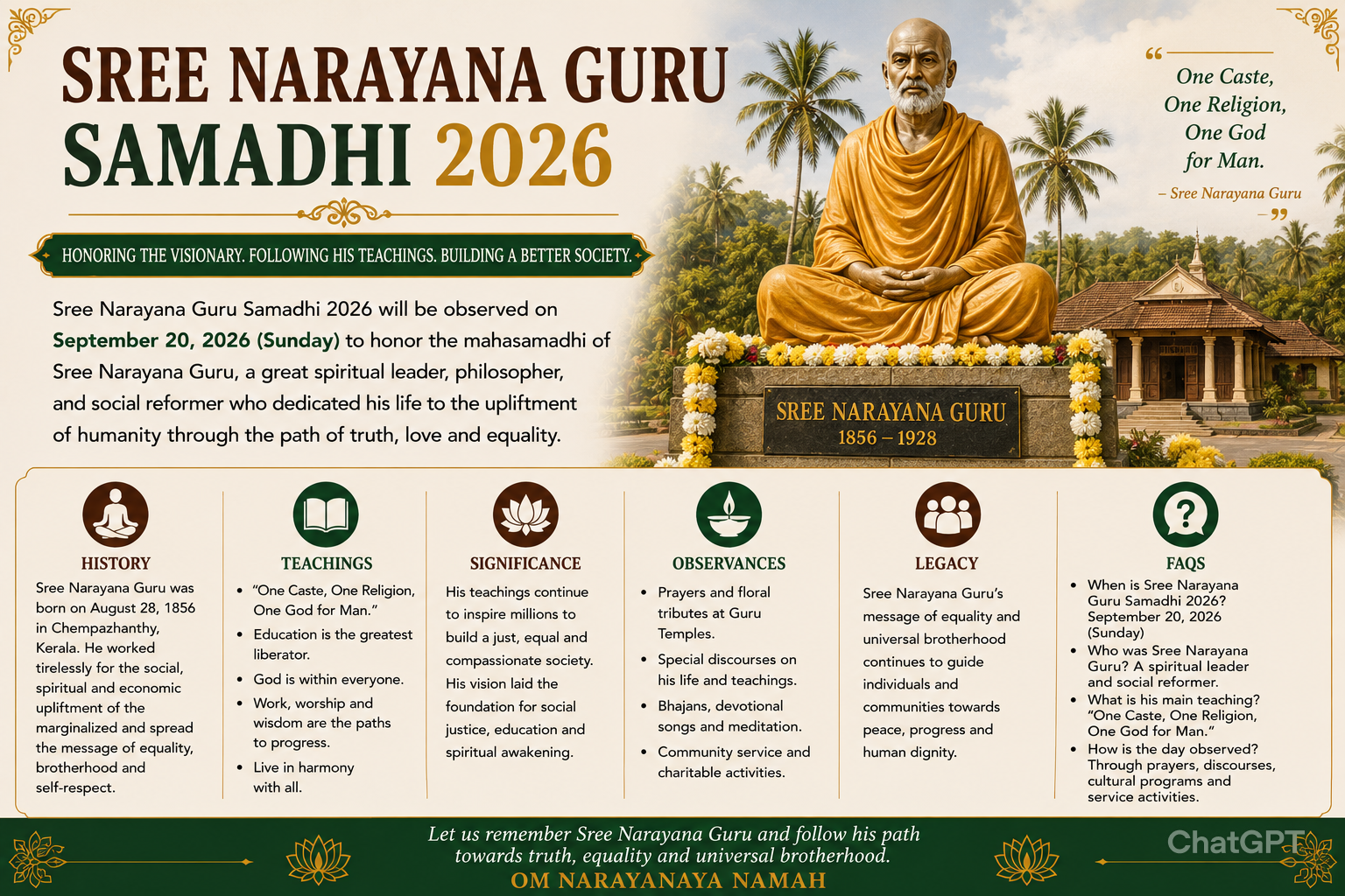 Sree Narayana Guru Samadhi 2026: History, Significance, Teachings & Observance Guide